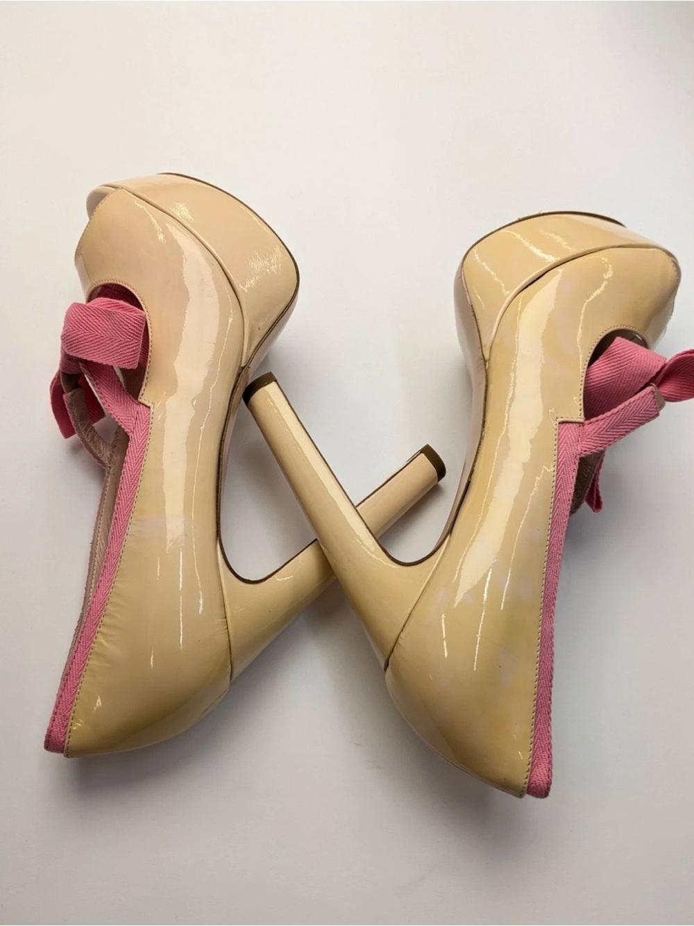 RED Valentino Nude Patent Peep-Toe Platform Pumps with Pink Bow Trim - Picture 7 of 9